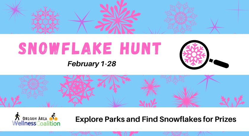 text SnowFlake Hunt February 1-28 on blue background with pink snowflakes