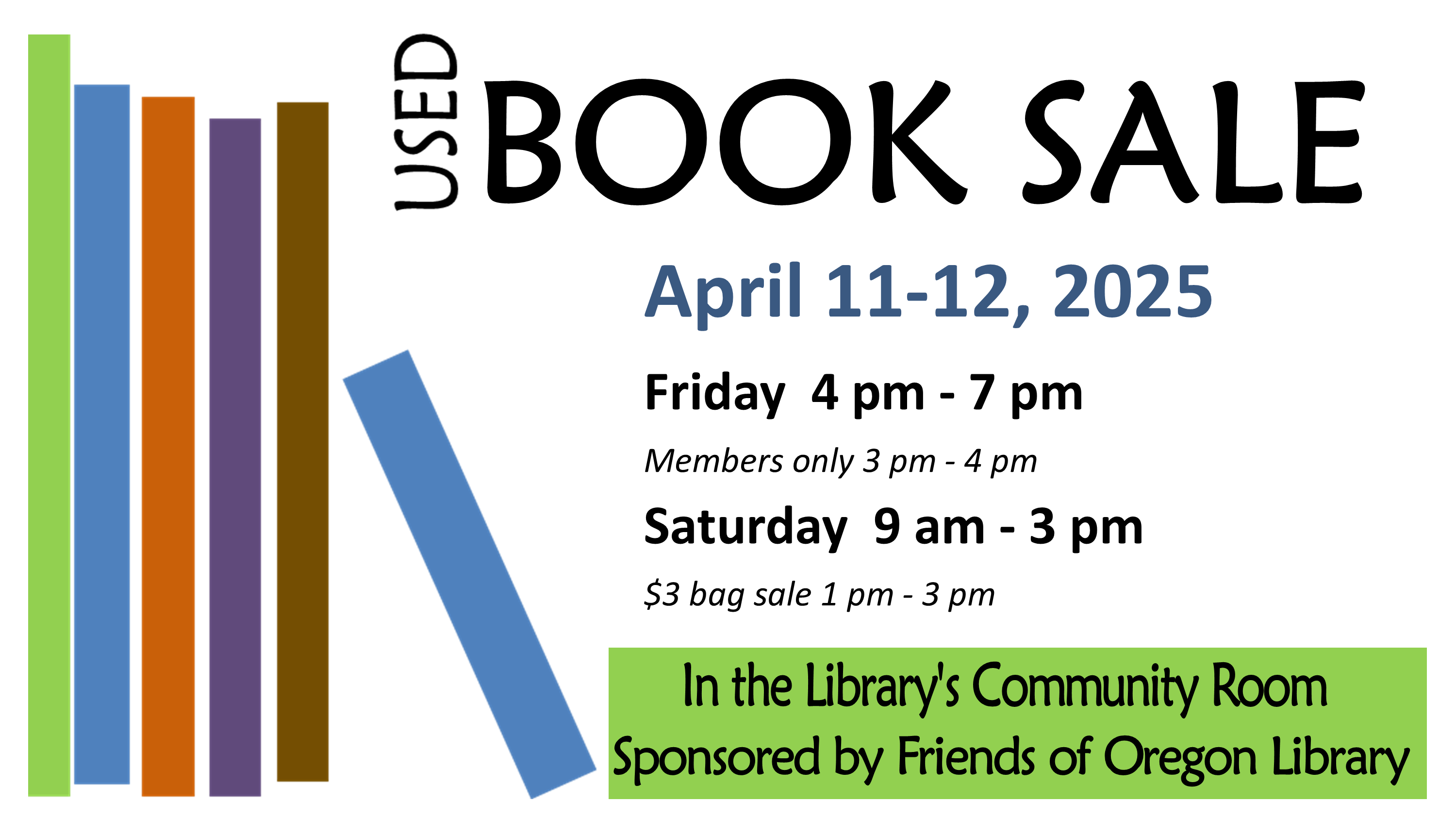 Used book sale dates and times image of colorful books