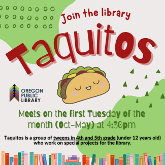 Image of an illustrated taco with a smiling face. The bottom has a row of illustrated books.