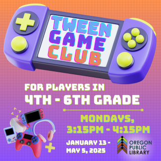 Orange and purple background. Image of a game controller, similar to a Nintendo Switch. The screen reads Tween Game Club.